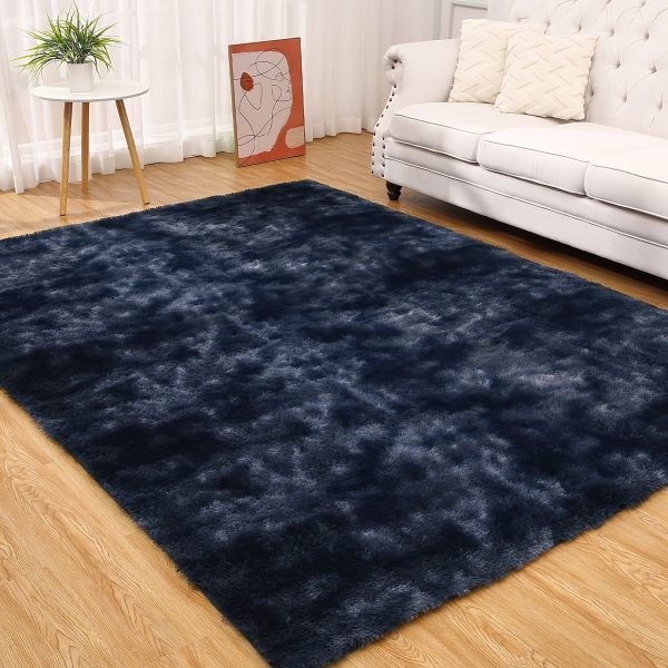 1 PC Fluffy Runner Rugs For Bedroom Living Room Ultra Soft Bedroom Rug, Large Non-Slip Comfy Shag Carpet Nursery Playroom Rug, Plush Carpet Modern Fuzzy Rug For Room Home Decor, Tie-dye Navy Blue