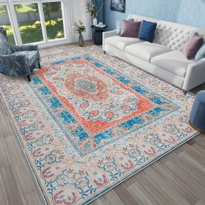 1pc Boho Rug For Living Room, Machine Washable Rug, Non-Slip Vintage Distressed Blue Rugs For Bedroom, Dining Room, Indoor Decor (Orangeu002FBlue)