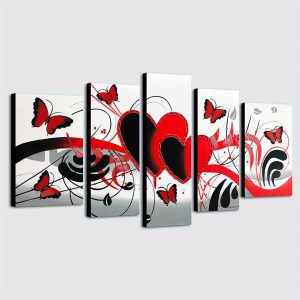 Red Flower Love Butterfly Abstract Oil Paintings on Canvas Wall Art Ready to Hang for Living Room Bedroom Home Decorations Modern 5 Panels