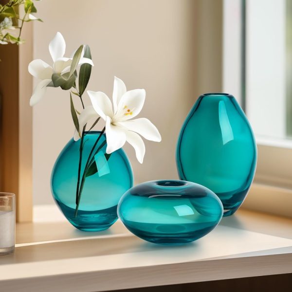 Mini Glass Vases | Art Glass Bud Vase Set of 3 Small Flower Vases for Home Decor, Dark Teal Vase for Table Decor, Handblown Clear Glass Vases for Flowers, Handmade Glass Teal Decor