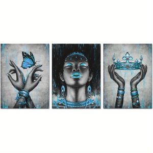 12*16inch*3pcsWith frame, Beautiful Black American Woman Canvas Wall Art Hands with Blue Crown Butterfly Fashion Charm Girl Picure Giclee Prints Gallery Wrapped Artwork Ready to Hang for Living Room Bedroom Decoration