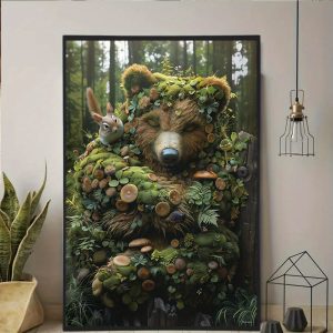 Forest-Themed Framed Wall Art with Bear and Squirrel Motif on Canvas, Polystyrene Frame, Nature-Inspired Decor for Living Room, Bedroom, Studio - 16x24 inch