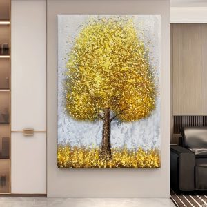 Golden Tree of Life Abstract Wall Art - Hand-Painted Oil Painting with Textured Detail, Perfect for Living Room, Bedroom, and Office Decor,