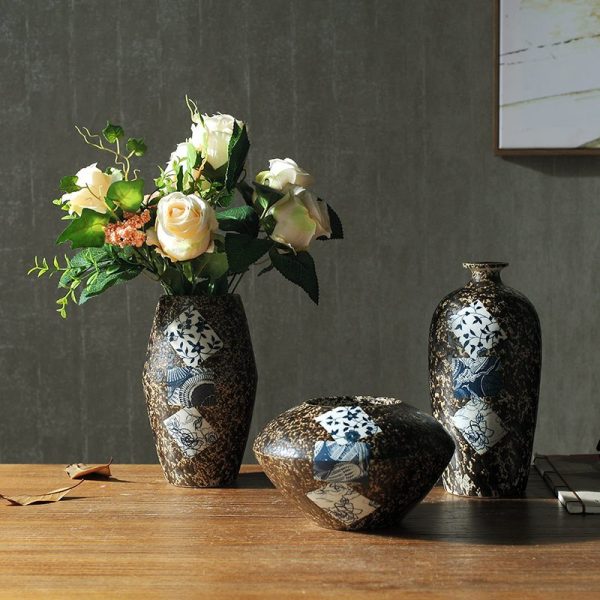 Vintage Ceramic Vase Set - Decorative Cylinder Vases with Artistic Transfer Printing for Home Decor