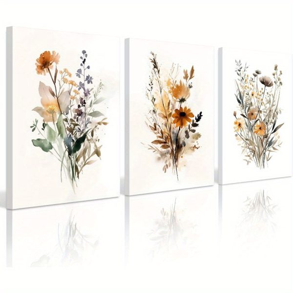 Botanical Wall Art Set of 3 Floral Wall Decor Prints Vintage Canvas Wall Art Wildflower Watercolor Pictures Farmhouse Artwork Floral Modern Painting for Bathroom Bedroom 16x24 Inch Unframed