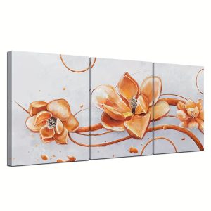 3 Panels Magnolia Painting Grey And Orange Abstract Floral Canvas Wall Art Prints Red Flower Pictures Living Room Bedroom Bathroom Wall Decor Ready To Hang