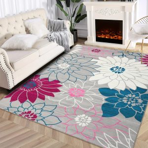 1 PC Modern Multi Floral Pattern Carpet Super Soft Non Slip Washable Living Room Large Area Rug Non-Shedding Distressed Throw Rug Indoor Floor Carpet for Bedroom Farmhouse Garden, Light Grey