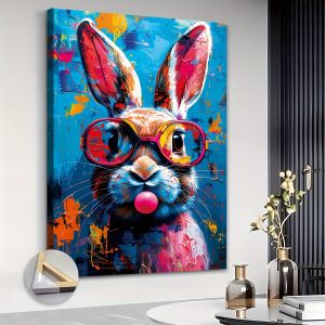 Extra Large Street Art Rabbit Canvas Print - Modern Graffiti Art Animal Wall Decor - Art Deco Classic Wrapped Canvas - Fir Wood Frame - Portrait Orientation Indoor Decor for Living Room, Bedroom, Home Office - Spring & Summer Themed Landscape Artwork - Ready to Hang - JIT Canvas Wall Hanging Decoration