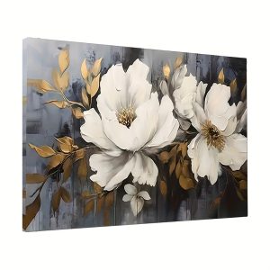 1pc Framed Creative Canvas Poster, White Flowers Painting, Aesthetic Canvas Wall Art, Artwork Wall Painting For Gift, Bedroom, Office, Living Room, Cafe, Bar, Wall Decor, Home And Dormitory Decoration