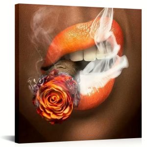 Modern Girl Smoking Paintings Printed On Canvas Orange Lips Wall Art Picture for Office Bathroom Home Decor 24x24inch Unframed