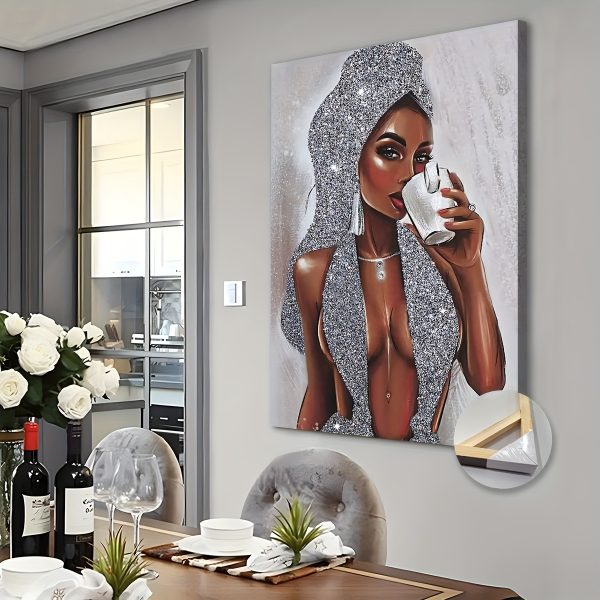 Glittering Woman With Coffee Canvas Wall Art - Extra Large, Wooden Framed Modern Decor For Living Room, Bedroom, Home Office - Fashionable Girl Print With Sparkle Finish, Ready To Hang