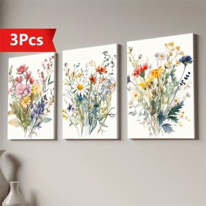 3pcs Wildflower Watercolor Canvas Art Set - Thick Framed Wall Decor for Living Room, Bedroom & More - Pine Wood Frame, Indooru002FOutdoor Use