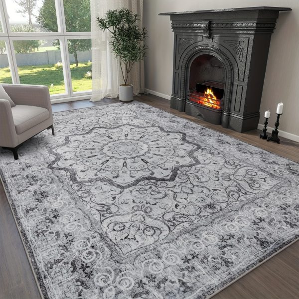 1pc Grey Area Rug, Washable Area Rug, Soft Non-Slip Vintage Rug For Living Room, Low Pile Oriental Floral Distressed Rug Thin Indoor Carpets For Farmhouse, Bedroom, Dining Room, Office Decor