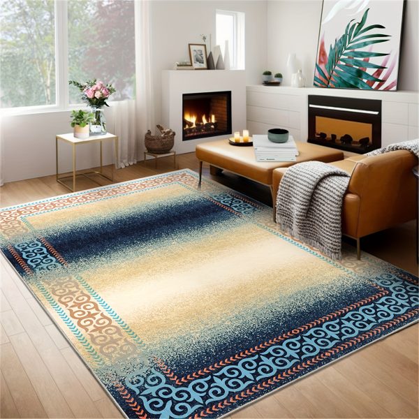 1 pc, Machine Washable Living Room Area Rug Soft Non Slip Bordered Rugs Geometric Rugs Indoor Modern Floor Carpet for Bedroom Ombre Throw Carpet Transitional Floor Cover Mat for Home Decor Contemporary Large Rugs for Dining Room Kitchen, Blue