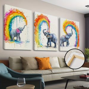 3pcs Framed Canvas Poster, Rainbow Water Elephant Painting, Canvas Wall Art, Artwork Wall Painting For Gift, Bedroom, Office, Living Room, Cafe, Bar, Wall Decor, Home And Dormitory Decoration