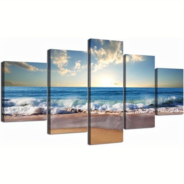 Modern Landscape Painting on Canvas 5 Piece, Beach Ocean Pictures Wall Art for Living Room Home Decor Wooden Framed Stretched Ready to Hang - 60